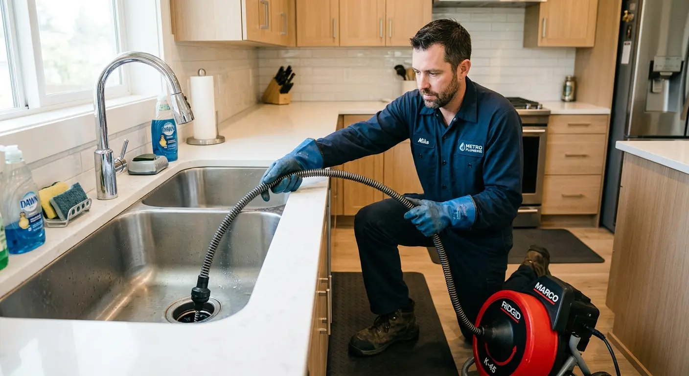 Drain cleaning technician using a motorized snake on a kitchen sink in Buena Vista