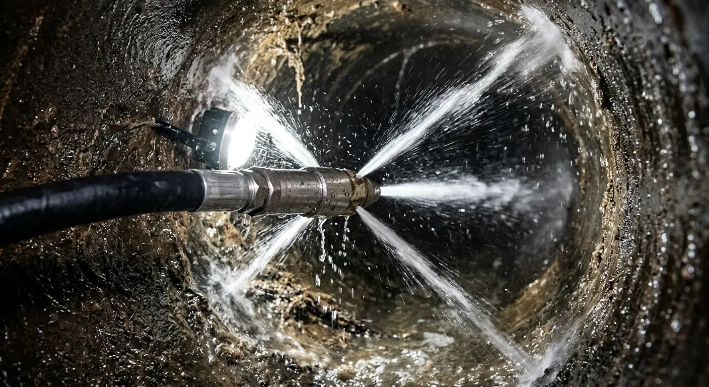 High-pressure hydro jetting nozzle cleaning sewer pipe for Emergency Drain Service in Buena Vista