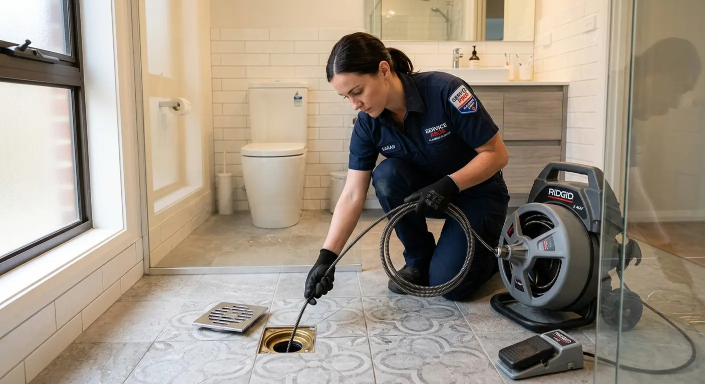 Technician clearing a bathroom floor drain for Sewer Line Installation in Buena Vista